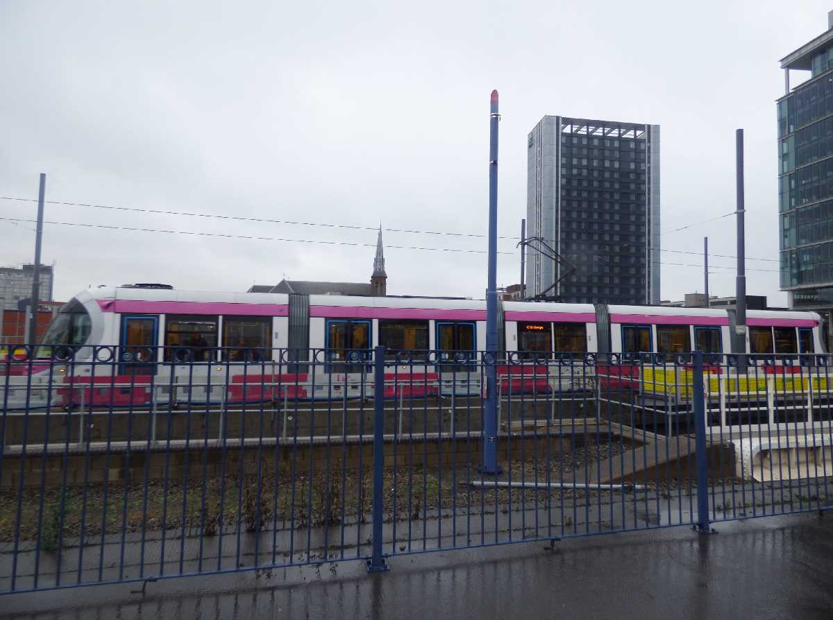 Midland Metro tram passes St Chad's Cathedral